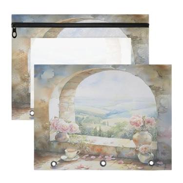 Imagem de SEHANY Pasta de lápis de flores de jardim com 3 anéis - bolsa de documentos com zíper tamanho A4 com janela transparente para sala de aula, escritório, 2 peças