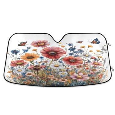 Imagem de ATTX Wildflowers Butterflies Para-brisa Carro Para-brisa 139.7 cm x 70.1 cm Escudo Solar Universal com Proteção UV, Persiana de Janela Frontal Auto Dobrável para Sedans SUVs Caminhões #204