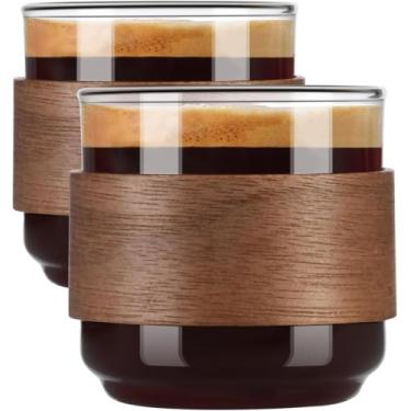 Imagem de Conjunto de 2 xícaras de café expresso com anel de madeira, copo de café expresso de borossilicato alto de 142 g, copo pequeno transparente para doses Expresso, acessórios de café expresso