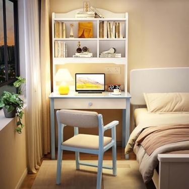 Imagem de Yadlan Study Desk with Hutch and Drawer Kids, Small Desk with Drawer for School Children, Kids Room Writing Desk with 3 Layers Bookshelf, Kids Study Table Wood Blue 80cm