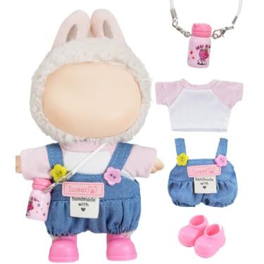Imagem de 17 cm Cute Doll Clothes for Labubu Design Outfit Blind Mystery Box Mart Accessories Mini La Boo-Boo Labooboo Blah Bu Bu BuLafufu Labibu Labubi Ropa Plush Toy Stuff Dress Overalls Hoodie Pajamas Pink