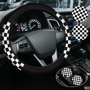 Imagem de Capa de volante com estampa quadriculada para mulheres e homens, acessórios antiderrapantes de neoprene de alta elasticidade capas de volante, universal de 38 cm para carros, SUVS, inclui 2