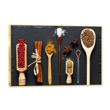 Imagem de Moldura dourada. Arte de parede em tela de especiarias coloridas e colher de tempero | Decoração de cozinha vintage | Arte moderna para casa e sala de jantar. B24. 80 x 120 cm - 31,5 x 47,3 pol