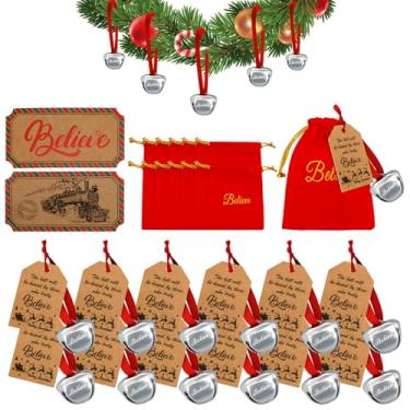 Imagem de Sino de Natal Believe com etiquetas, saco de veludo vermelho, decoração de árvore de sino de Natal para decoração de árvore de Natal, presentes de festa (50 conjuntos de sino, bilhete e etiquetas e