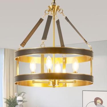 Imagem de Lustre de teto para casa de fazenda, 45,7 cm, bronze antigo, alumínio, couro preto, acabamento moderno rústico, luminária de teto pendente para sala de estar, sala de jantar, quarto, cozinha (4 luzes)