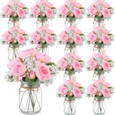 Imagem de Zeyune 12 conjuntos de decorações de mesa de centro de pedreiro, buquês de flores artificiais de peônia para bebê, flores falsas com vaso, presentes de decoração rústica para casa, casamento, férias