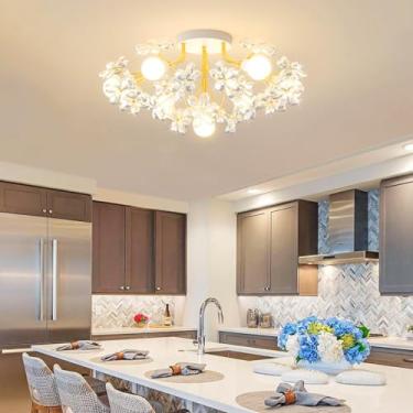 Imagem de Luminária de teto moderna de cristal E27 dourada, embutida, com design criativo de flor, lustre decorativo para ilha de cozinha, quarto, hall de entrada, corredor, porta de entrada e quarto