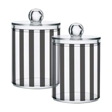 Imagem de Qilmy Qtip Suporte de 400 ml, frasco de armazenamento de boticário de plástico transparente com listras brancas cinza com tampa, dispensador de recipiente de banheiro para bola de algodão, cotonete