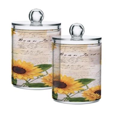 Imagem de Qilmy Suporte Qtip de girassol amarelo, pacote com 2, frascos de boticário de 400 ml, vasilha organizadora de banheiro para Qtips, cotonetes de algodão, bolas de algodão, almofadas cosméticas