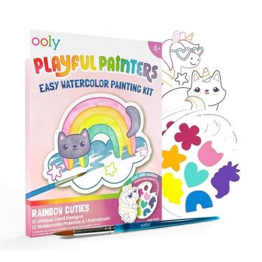 Imagem de Ooly Kit de pintura em aquarela fácil para pintores divertidos - Rainbow Cuties, conjunto de 25, 12 obras de arte exclusivas com contornos guiados, 12 cores de tinta e pincel, kit de arte e artesanato