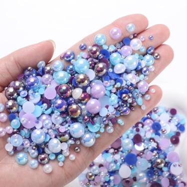 Imagem de Pérolas planas para artesanato, pregos azuis e roxos, meias pérolas e pedras preciosas, 3/4/5/6/8/10 mm meio redondo ABS flatback pérolas preciosas deslumbrantes para unhas DIY sapatos roupas bolsas
