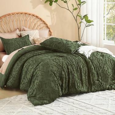 Imagem de Litanika Conjunto de edredom California King Size verde-oliva, 3 peças Cal King Cream Boho Tufted Bedding, conjunto de cama de fazenda grande com 2 fronhas de padrão de folhas (264 x 246 cm)