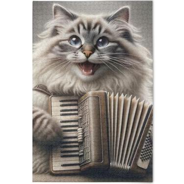 Imagem de Quebra-cabeça engraçado com acordeão de gato fofo, 500 peças, presentes para adultos, jogo de elefante branco, quebra-cabeças divertidos para a família, decoração de arte com estampa de animais, 52 x