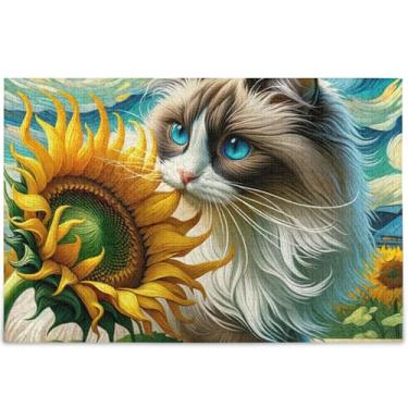Imagem de Quebra-cabeça de gato Ragdoll personalizado com girassol 500 peças para adultos decoração de arte pintura família divertidos quebra-cabeças jogo de quebra-cabeça presentes técnicos, 52 cm x 37,8 cm