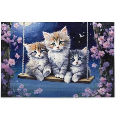 Imagem de Quebra-cabeça floral personalizado gato gatinho 500 peças para adultos jogo cena engraçada quebra-cabeças coloridos impressão animal obra de arte, 52 cm x 37,8 cm