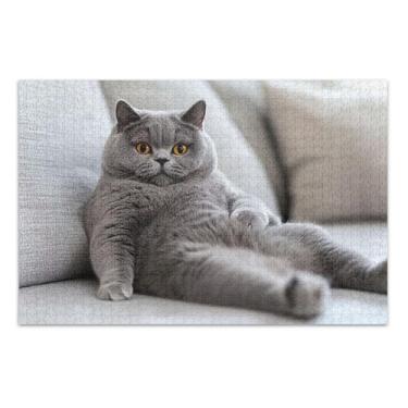 Imagem de Quebra-cabeça adulto relaxante gato cinza gordinho 1000 peças decoração de arte animal personalizado cena de inverno quebra-cabeça divertido bobo, 75 x 40 centímetros