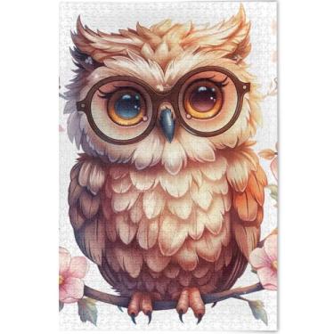 Imagem de Quebra-cabeça personalizado de coruja fofa usando flores para adultos 500 peças pintura artística presentes masculinos únicos divertidos bobos, 52 x 37,8 cm