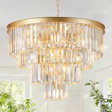 Imagem de Lustres de cristal dourado 61 cm lustres grandes modernos luxuosos 4 níveis 12 luzes K9 cristal redondo pingente de teto luminária contemporânea para sala de jantar, hall de entrada, escada, sala de