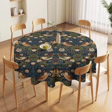 Imagem de William Morris Toalha de mesa floral redonda ladrão de morango Boho flor botânica padrão pássaros capa de mesa de tecido lavável poliéster para cozinha, jantar, festa, decoração de casa 91 cm