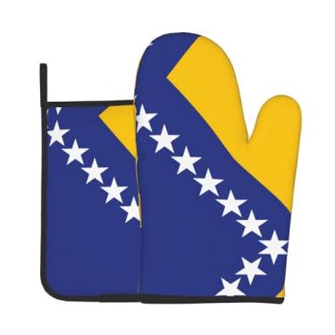 Imagem de Conjunto de 2 peças de luvas de forno estampadas com bandeira da Bósnia e Herzegovina, adequado para cozinhar, assar e grelhar ao ar livre