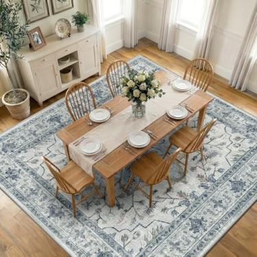 Imagem de RELEANY Tapetes quadrados, 3 m, lavável, antiderrapante, floral, vintage, estampado, medalhão, para sala de estar, quarto, sala de jantar, azul-claro, azul-marinho, bege, cinza, branco