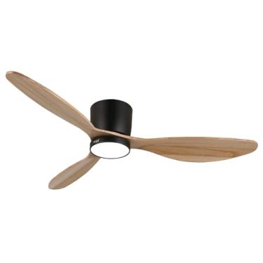 Imagem de reiga Ventilador de teto de madeira natural de 132 cm com luz e controle remoto, ventilador de teto de baixo perfil de montagem embutida de 3 lâminas para quarto, sala de estar, motor CC silencioso