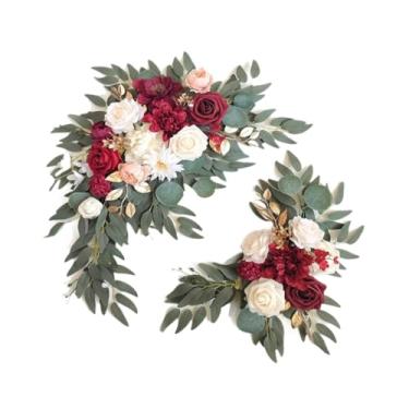 Imagem de oshhni 2x Arranjo Floral Artificial de Flores de Seda com Folhas Verdes Rústicas para Decoração de Arco de Casamento e Casa, Vermelho