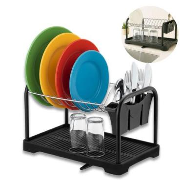 Imagem de Escorredor De Louça Pratos Copos Talheres Aço Duplo Com Bica Preto Par