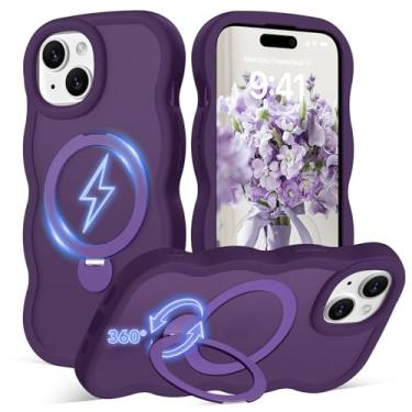 Imagem de Amzfield Capa para iPhone 15 com suporte magnético giratório de 360° [compatível com MagSafe] linda moldura ondulada translúcida fosca rígida traseira de silicone à prova de choque com suporte de anel