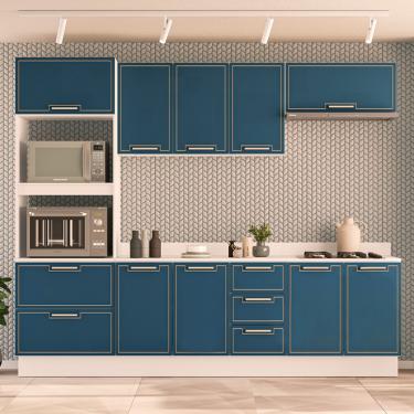 Imagem de Cozinha Modulada 5 Peças com Tampo e Rodapé Amara Politorno - Branco com Azul