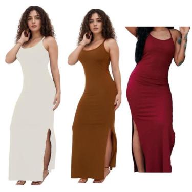 Imagem de KIT C/3 Vestidos Canelado Longo com Fenda - Emporio J, Branco, Caramel