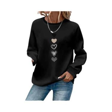 Imagem de Moletom Feminino Casual Com Estampa De Coração, Manga Longa, Gola Redo