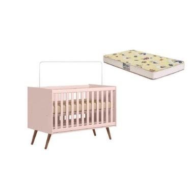 Imagem de Kit Berço Americano Vira Mini Cama Retrô Com Colchão Rosa - Qmovi