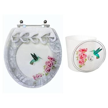 Imagem de Assento Sanitário Convencional Branco e Lixeira Decorado Beija Flor