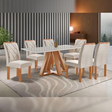 Imagem de Conjunto Mesa Tampo Smart Plus Vidro Kyra 170cmx90cm 6 Cadeiras Arthus Cinamomo/Off White/Suede Bege