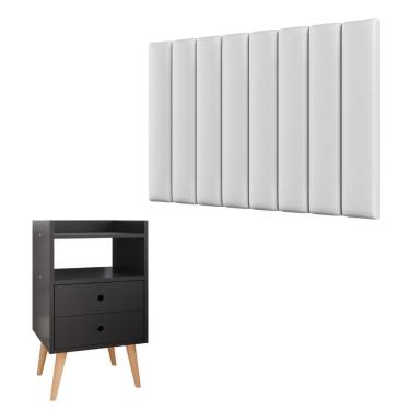 Imagem de Kit Cabeceira Estofada Cama Box Solteiro 90 cm Sophia Branco e Mesinha Canto Quarto 2 Gavetas Retrô Nicho Decorativo Dream Preto- RPM 
