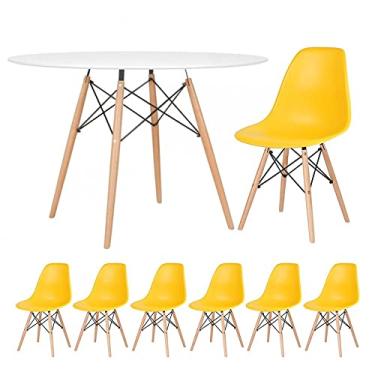 Imagem de Loft7, Kit - Mesa redonda Eames 120 cm branco + 6 cadeiras Eiffel Dsw Amarelo