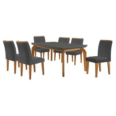 Imagem de conjunto de mesa de jantar retangular com tampo de vidro turquesa e 6 cadeiras luanda veludo grafite e imbuia