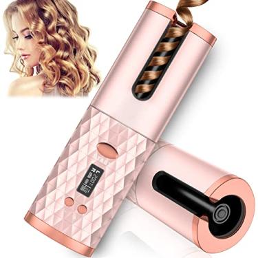 Imagem de Modelador de cachos automático, modelador de cabelo automático sem fio com 6 temperaturas e temporizadores, barril de cerâmica recarregável, modelador de cachos sem fio, ferramenta portátil rotativa para pentear, desligamento automático