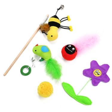 Imagem de Chewtoyo Conjunto de 5 peças de varinha interativa para gatinhos: brinquedo de mordida felino macio e divertido portátil com penas falsas fofas sortidas