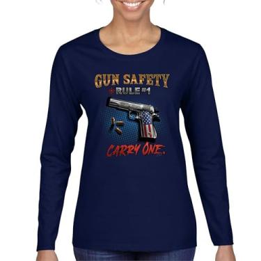 Imagem de Camiseta feminina de manga longa Gun Safety Rule Carry One 2nd Amendment 2A Rights American Flag Don't Tread on Me Veteran Second, Azul marinho, P