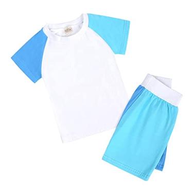 Imagem de Metaxas Camiseta infantil unissex de verão para bebê, 2 peças, patchwork, algodão, 2 peças, roupas de dormir, Azul claro, 11-12 Anos