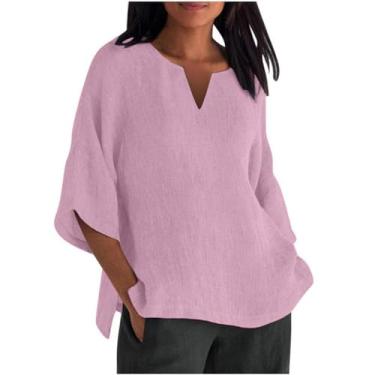 Imagem de Camiseta feminina de linho 2024 plus size gola V cor sólida camisetas grandes camisetas femininas manga 3/4, rosa, G