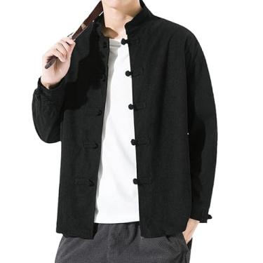 Imagem de Camisas masculinas estilo chinês cor sólida veludo cotelê manga longa roupas outono cardigã masculino vintage, Preto, XG