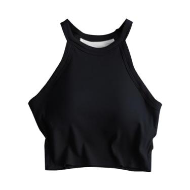 Imagem de Tops femininos frente única para mulheres com sutiã embutido cropped camisetas de treino respiráveis regatas curtas com gola única, Preto, P