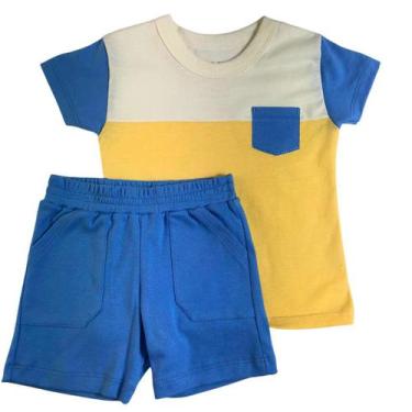 Imagem de Conjunto Curto Infantil Camiseta Meia Malha Amarelo Azul E Cru Com Bol