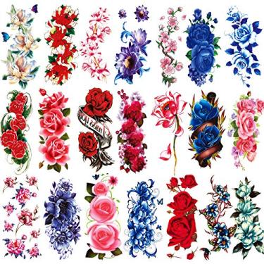 Imagem de Kotbs 21 Sheets Sexy Flower Temporary Tattoos for Women, Waterproof 3D Bright Flora Tattoo Stickers for Girls, Rose, Peach Blossom, Chrysanthemum Various Tattoo Flower Temporary Fake Tattoos