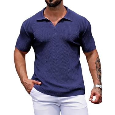 Imagem de URRU Camisa polo masculina de malha de manga curta texturizada pulover camiseta leve de ajuste clássico, Azul marinho, P