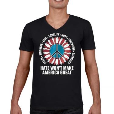 Imagem de Camiseta Hate Won't Make America Great Gola V Peace Kindness Love Equality Hope Inclusion Diversity Peace Sign Tee, Preto, XGG