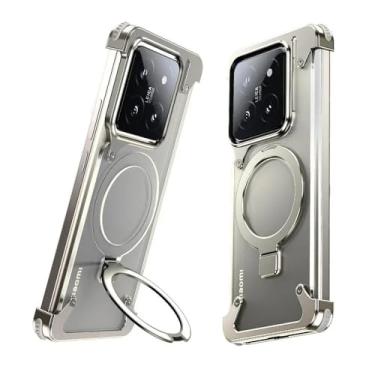 Imagem de Capa de celular magnética sem moldura de liga de alumínio com suporte para Xiaomi 14 14 Pro, capa de celular sem moldura, T prata, para Xiaomi 14 Pro